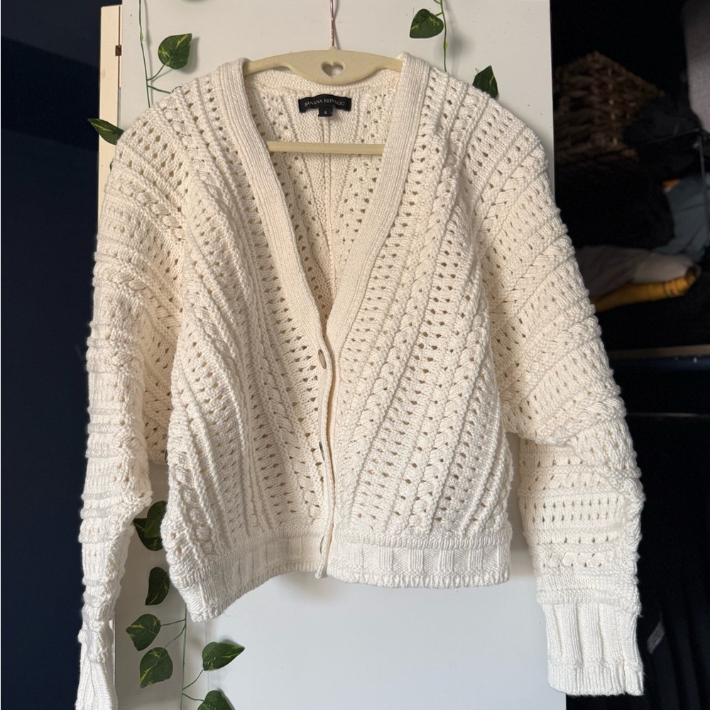 Banana Republic Ivory Cream Open-Knit Crochet Cardigan Button-Up Cropped Cotton